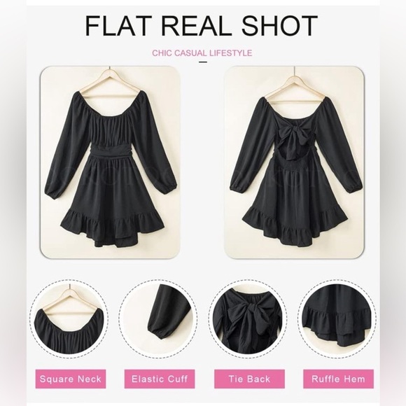 Long-Sleeve Dress with Square Neckline and Ruffled Hem- Size Medium - Picture 5 of 5